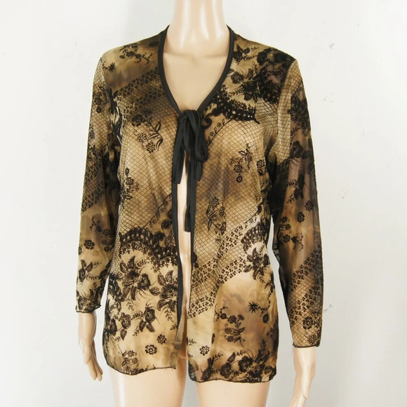 Vintage 90s Luna Whimsigoth Goth Semi Sheer Black Floral Velvet Brown Cardigan - Picture 1 of 4